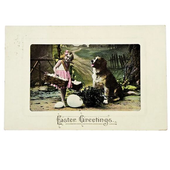 Vintage Other - 1909 Antique Postcard Easter Greetings Little Girl & Saint Bernard Dog Posted